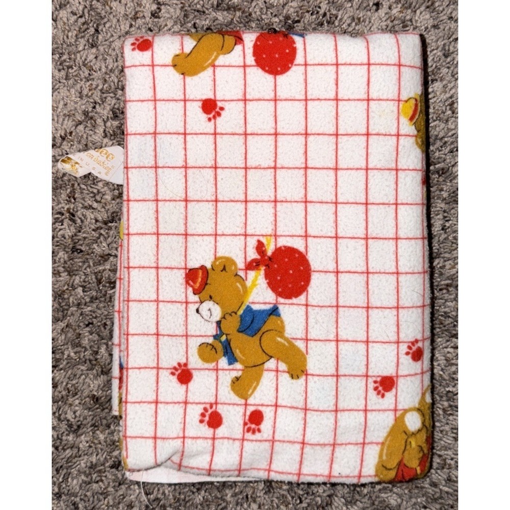 Vintage Dundee Baby Blanket 39x26 Teddy Bear Red Grid USA Cotton